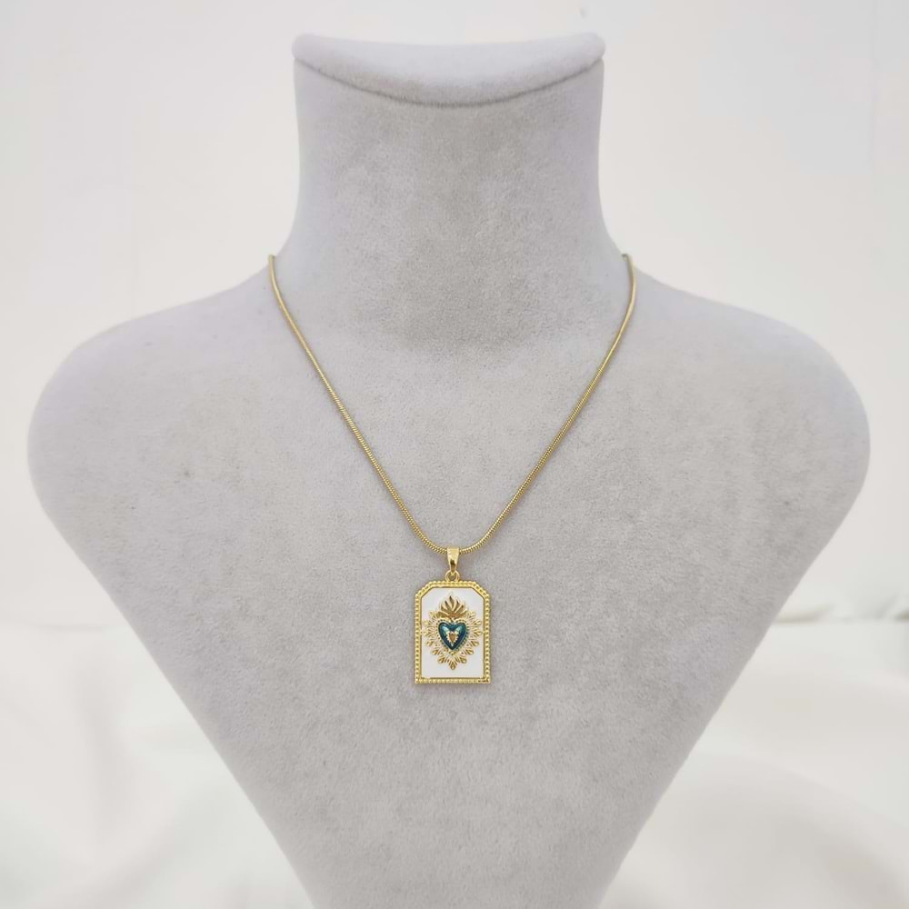 Çelik Gold Beyaz Mineli Mavi Kalp Tarot Kolye