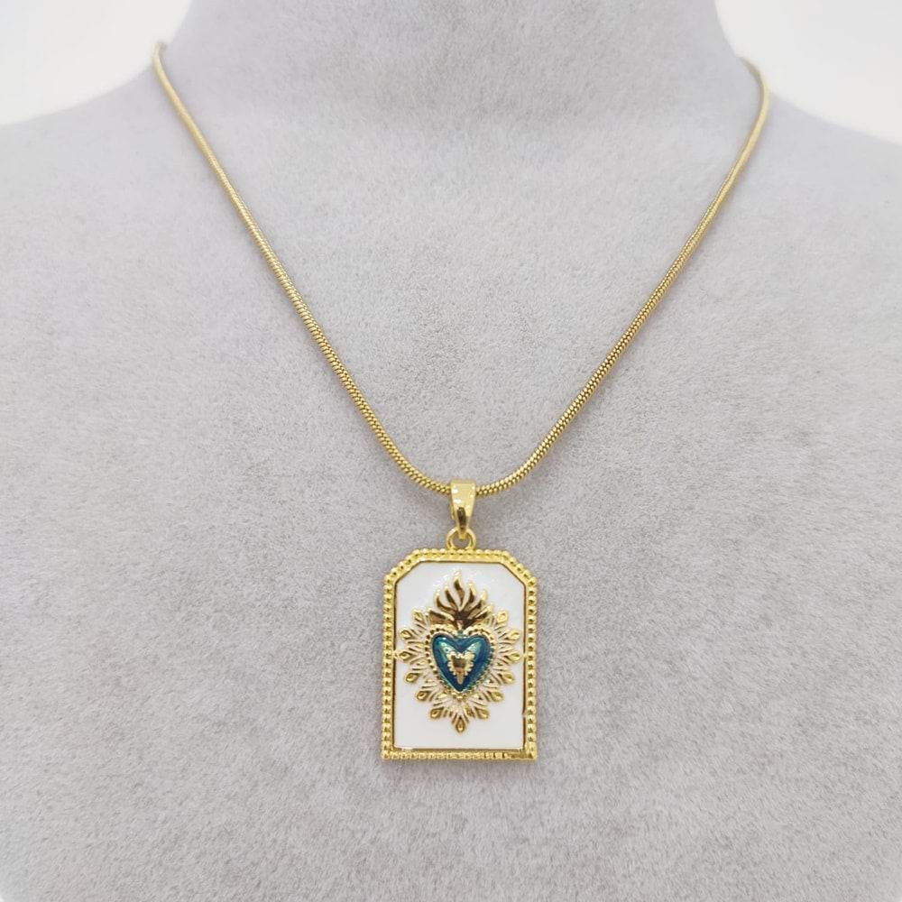 Çelik Gold Beyaz Mineli Mavi Kalp Tarot Kolye