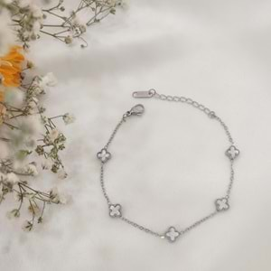 Çelik Silver Beyaz Taşlı Minimal Vancleff Bileklik