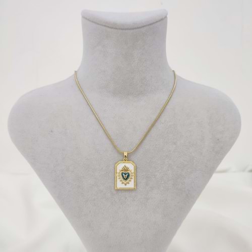 Çelik Gold Beyaz Mineli Mavi Kalp Tarot Kolye